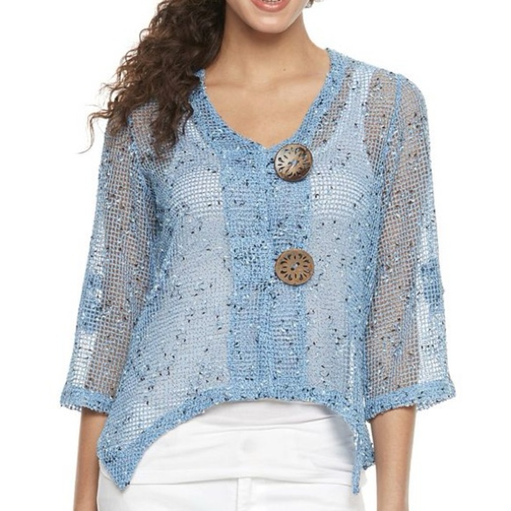 Nina Leonard Lagnelook Open Knit Button Cardigan Jacket Light Blue Size L/XL